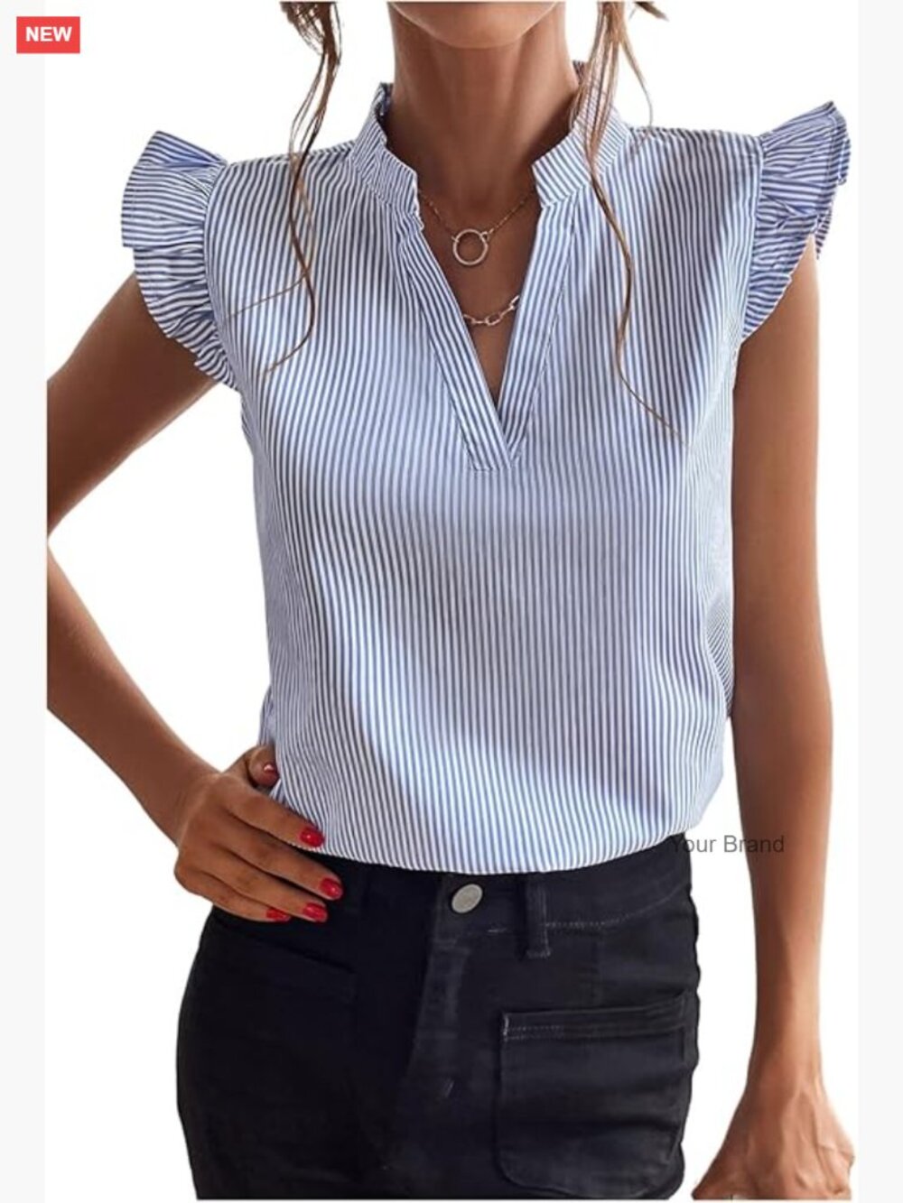 Striped Ruffle Cap Sleeve Blouse V Neck Business Casual Top